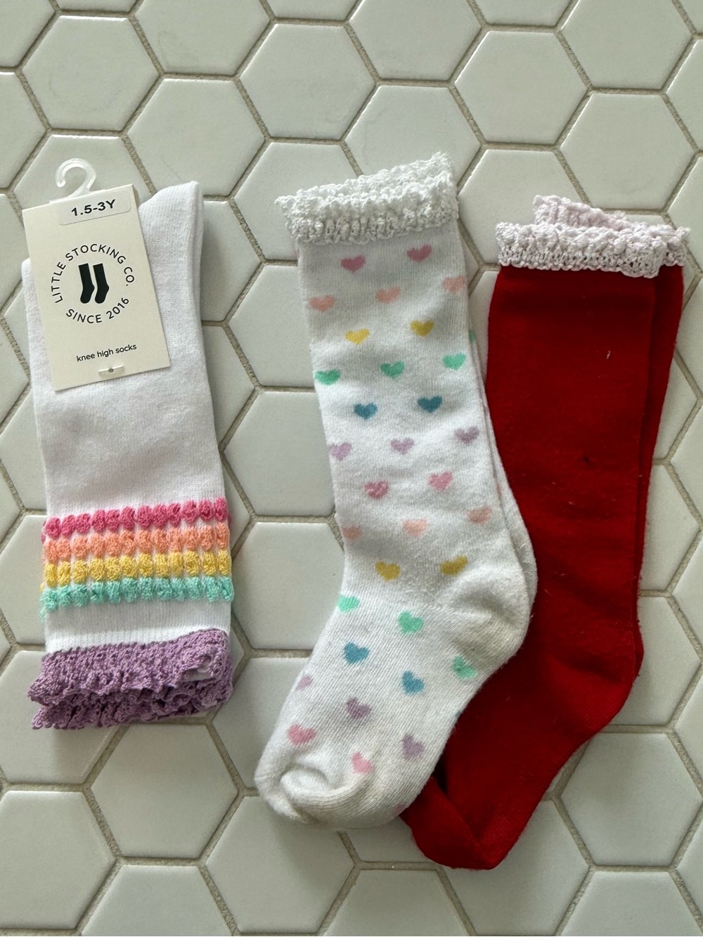 Kids Knee High Socks - White with Rainbow, Heart Print White, and Red